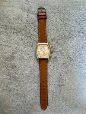 Michele Brown Leather Strap Bracelet Watch with Cream Dial
